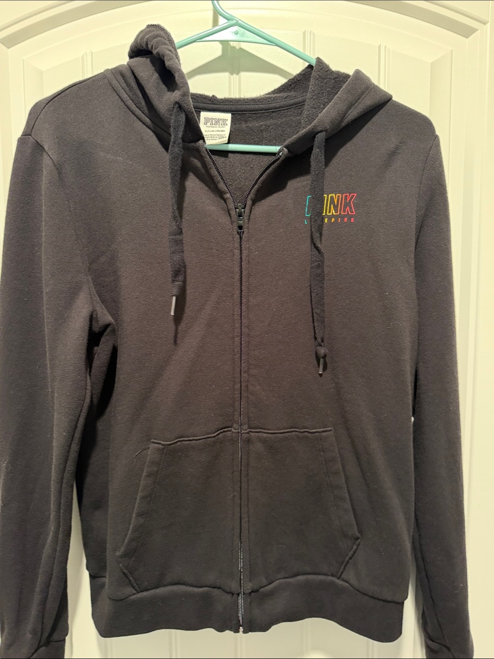 PINK Victoria's Secret Black Zip-Up Hoodie with Rainbow Logo